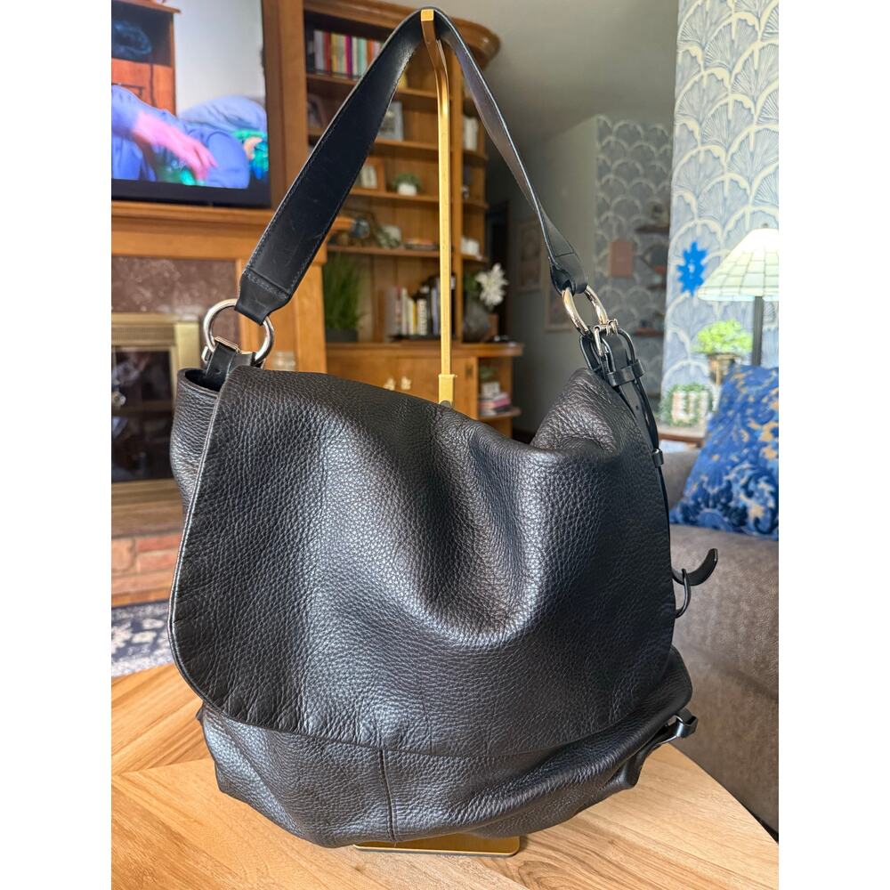 BALLY Black Pebbled Leather Double Buckle HOBO Shoulder Bag